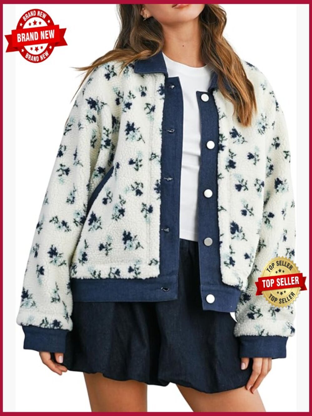 Floral Sherpa Jacket Open Front Denim Collar Fleece Oversized Outerwear with